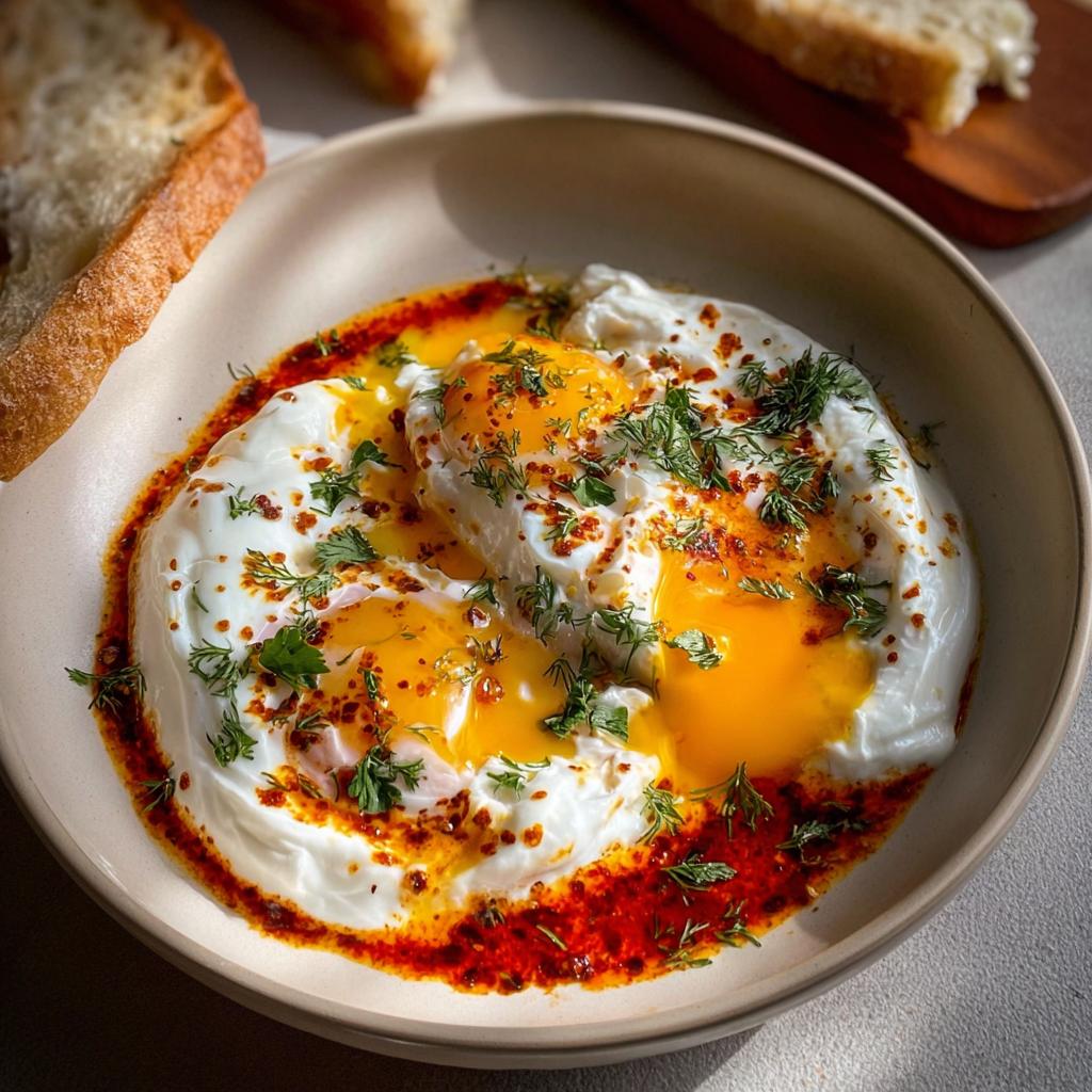 A close-up of Çılbır, featuring two perfectly poached eggs nestled in creamy yogurt, drizzled with chili butter sauce and fresh herbs.
