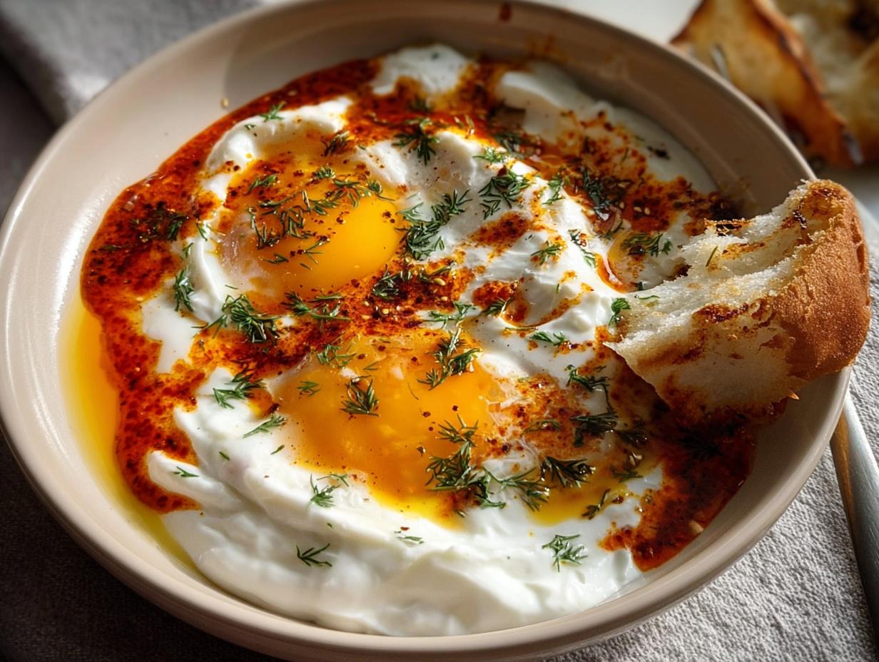 A close-up of Çılbır, Turkish eggs served over creamy yogurt, drizzled with chili butter and fresh dill, with a piece of toast.