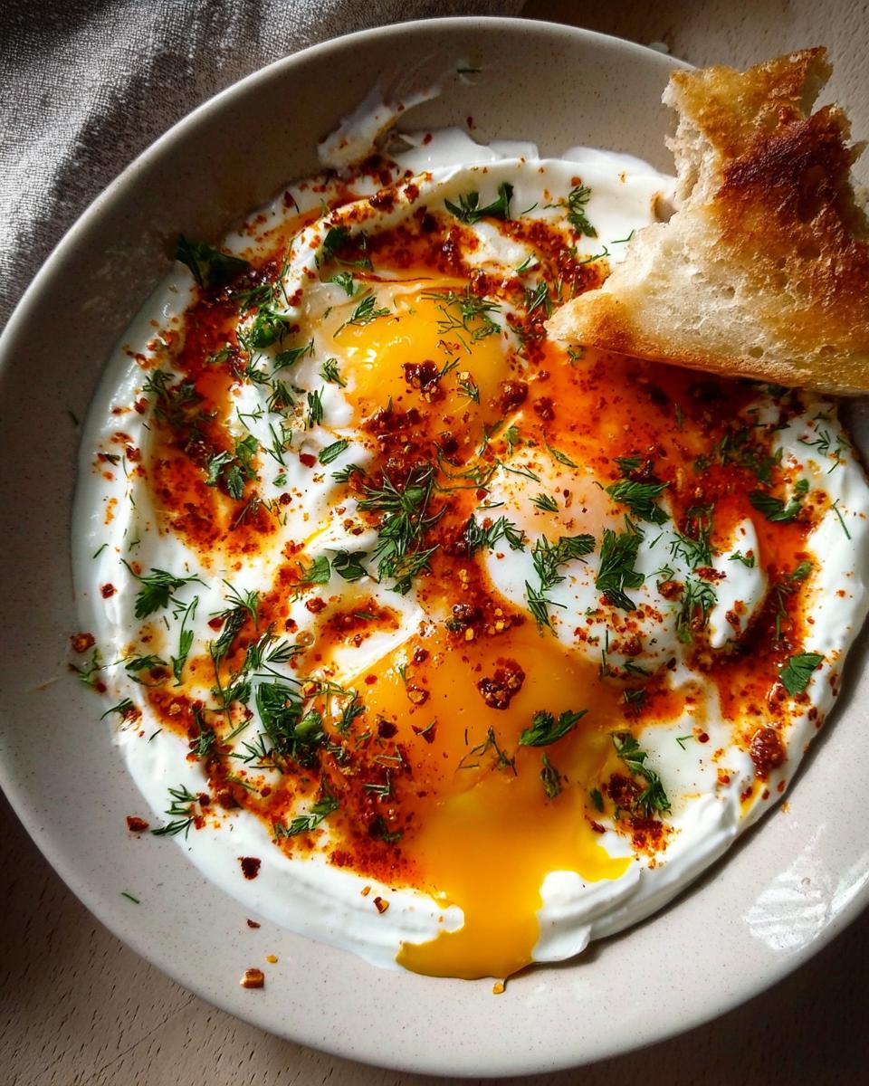 A close-up of Çılbır, Turkish eggs served over creamy yogurt, drizzled with chili butter and fresh herbs, with a piece of bread.