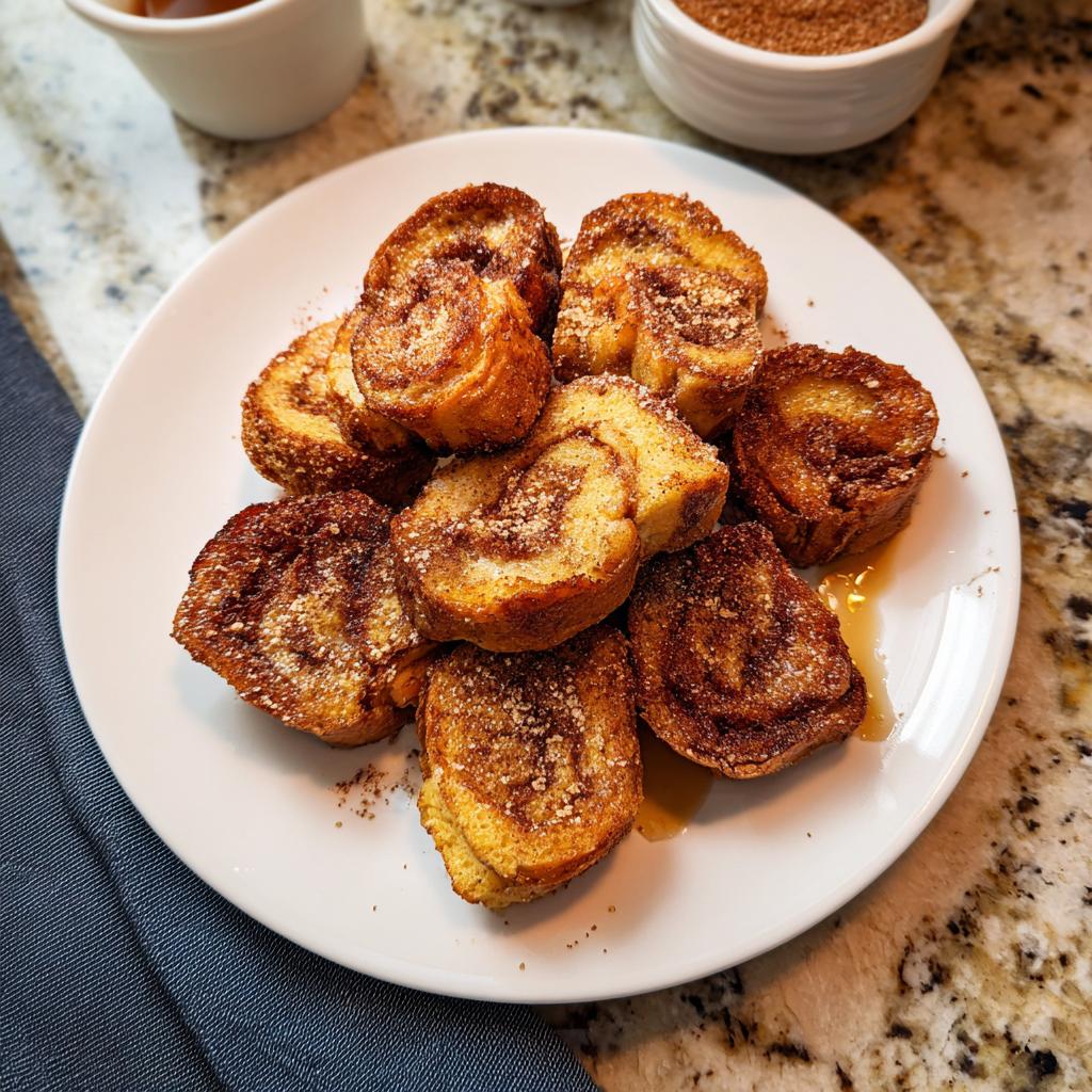 A plate of delicious Cinnamon Roll French Toast Bites, dusted with cinnamon sugar and drizzled with syrup.