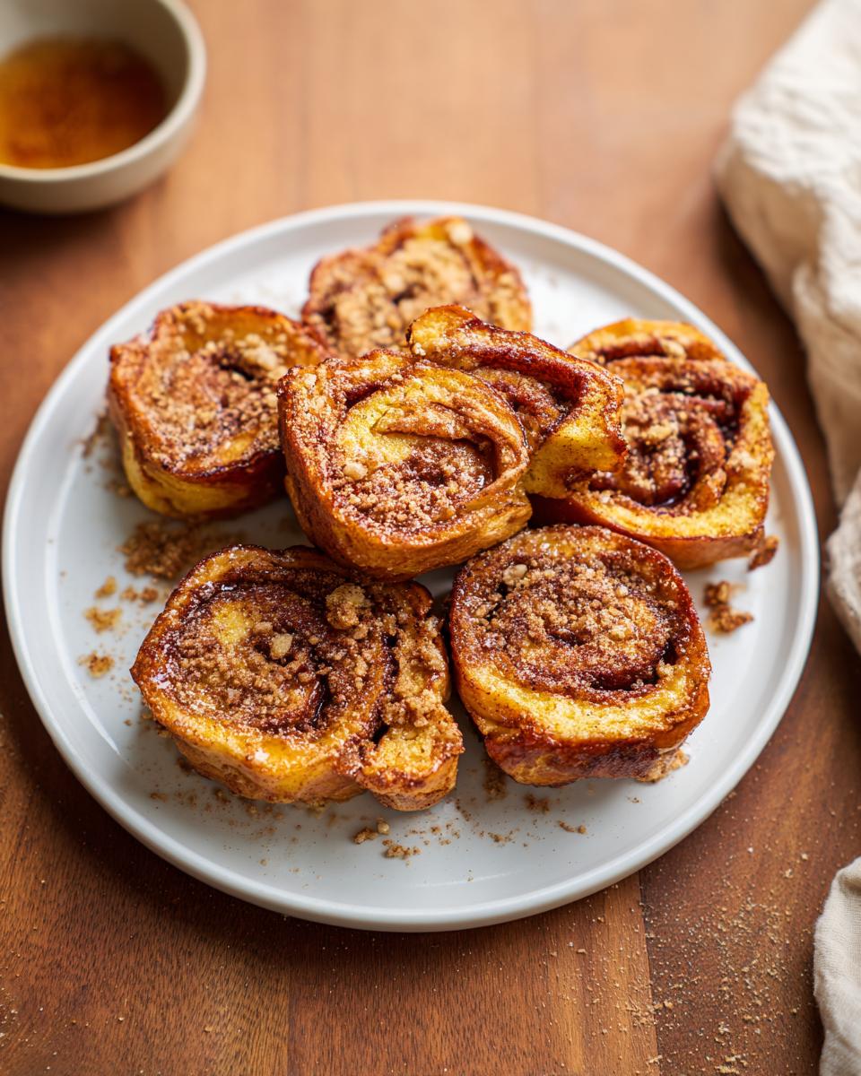 A close-up of golden-brown Cinnamon Roll French Toast Bites sprinkled with cinnamon sugar on a white plate.