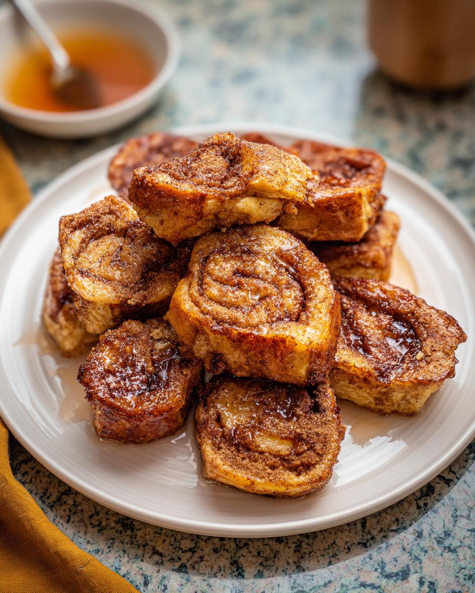 A stack of delicious Cinnamon Roll French Toast Bites drizzled with syrup on a white plate.