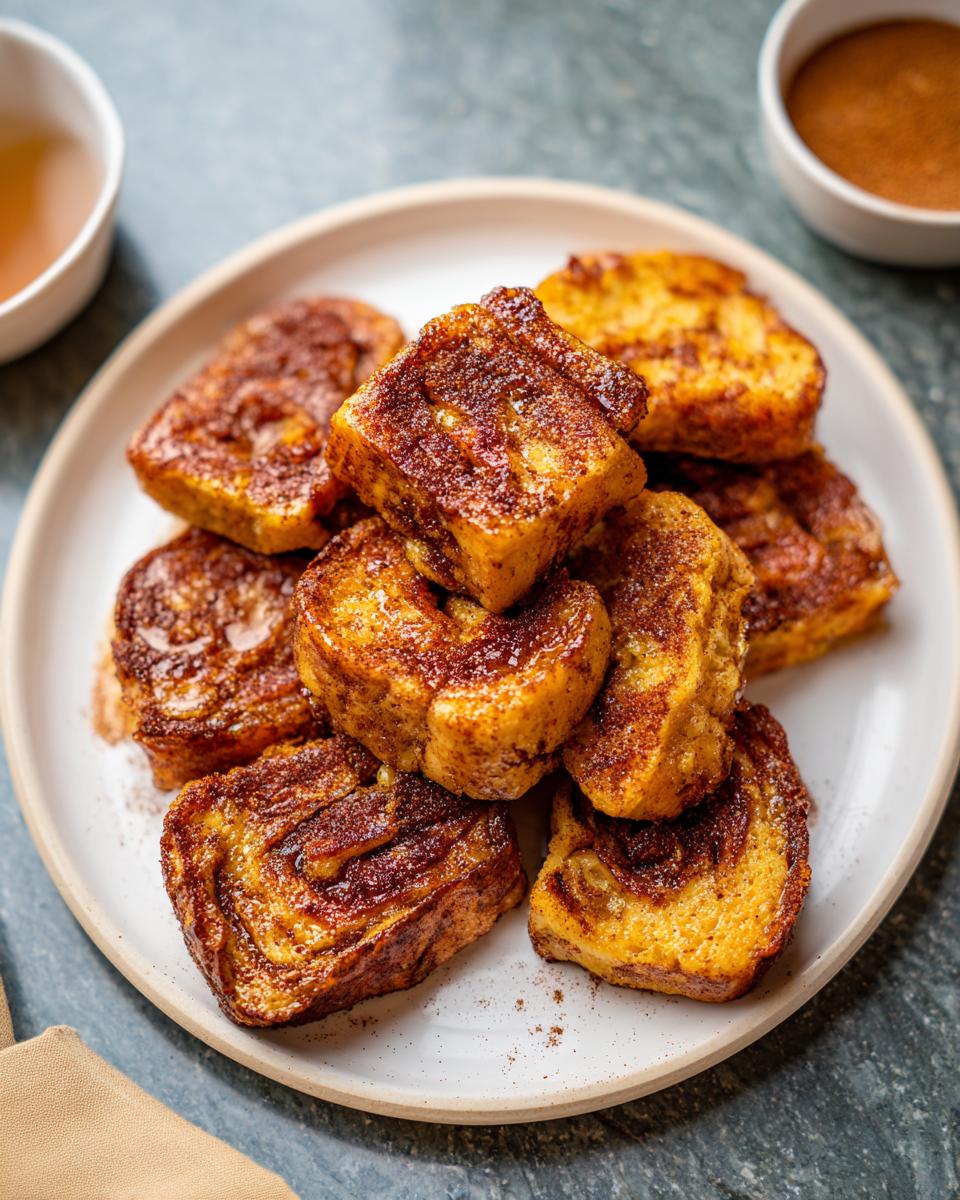 A close-up of a stack of golden-brown Cinnamon Roll French Toast Bites, dusted with cinnamon sugar.