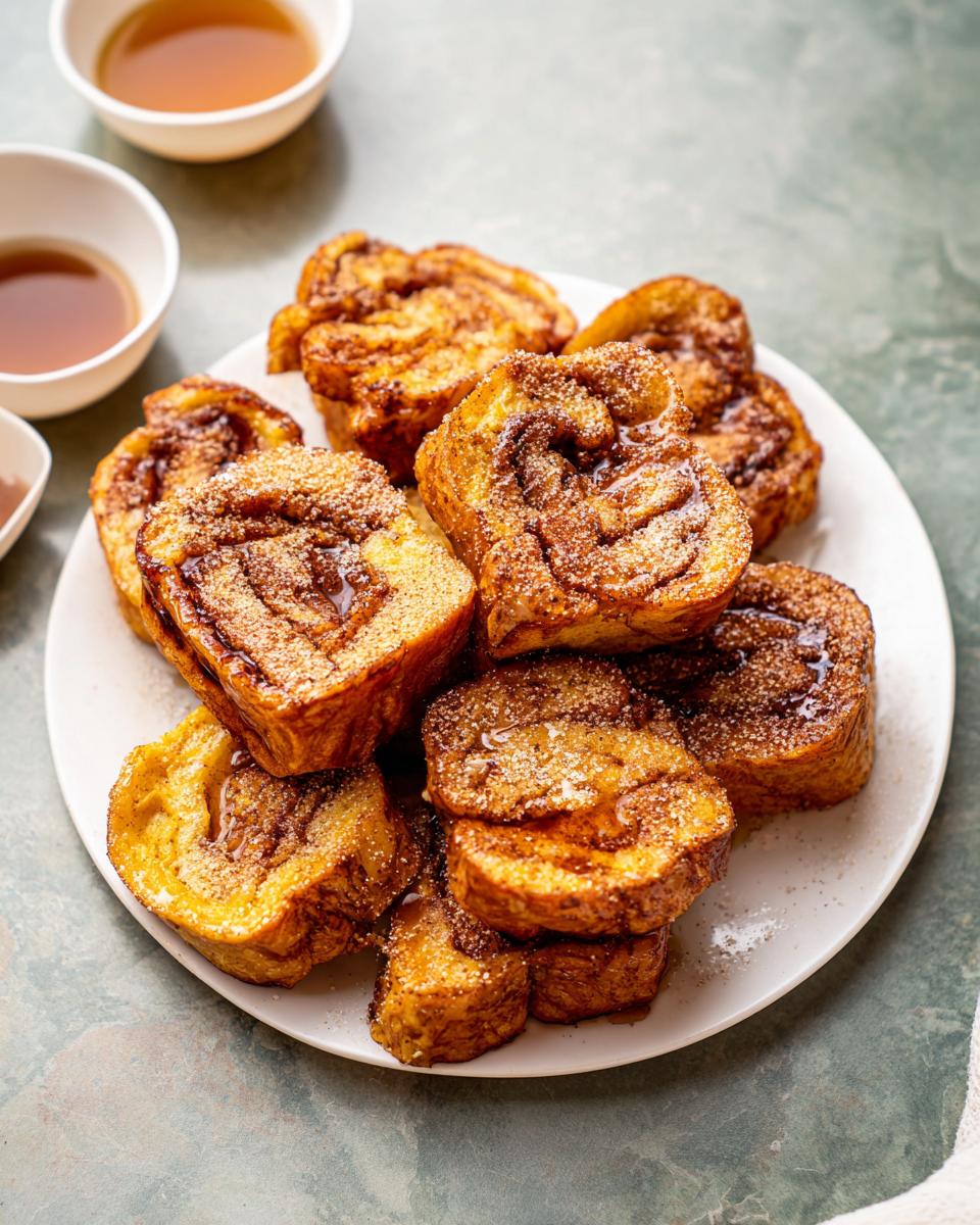 A pile of golden brown Cinnamon Roll French Toast Bites sprinkled with sugar and drizzled with syrup.