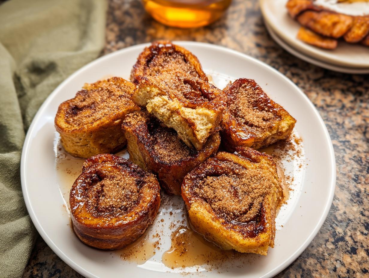 A plate of golden brown Cinnamon Roll French Toast Bites, sprinkled with cinnamon sugar and drizzled with syrup.