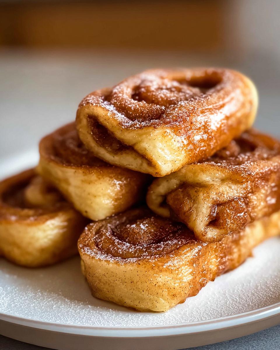 A close-up of a stack of delicious Cinnamon Roll French Toast Roll-Ups, dusted with powdered sugar.