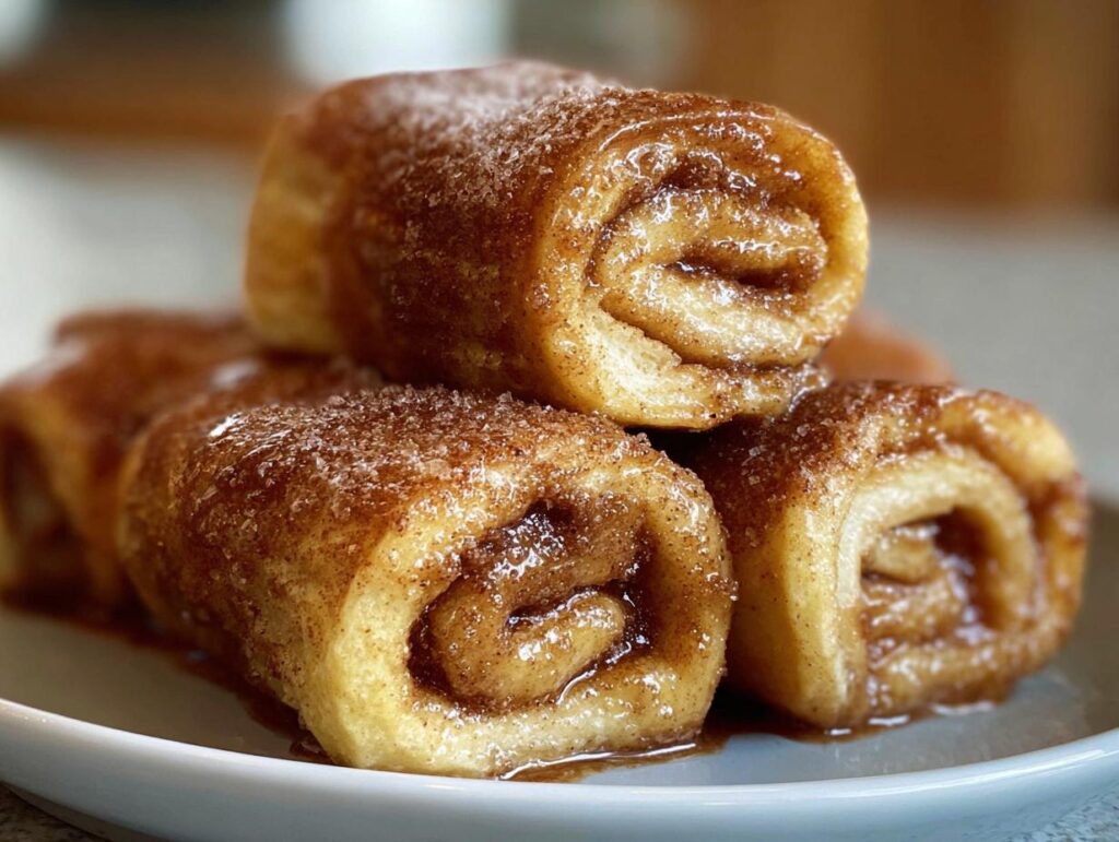A stack of delicious Cinnamon Roll French Toast Roll-Ups, glistening with syrup and sprinkled with sugar.