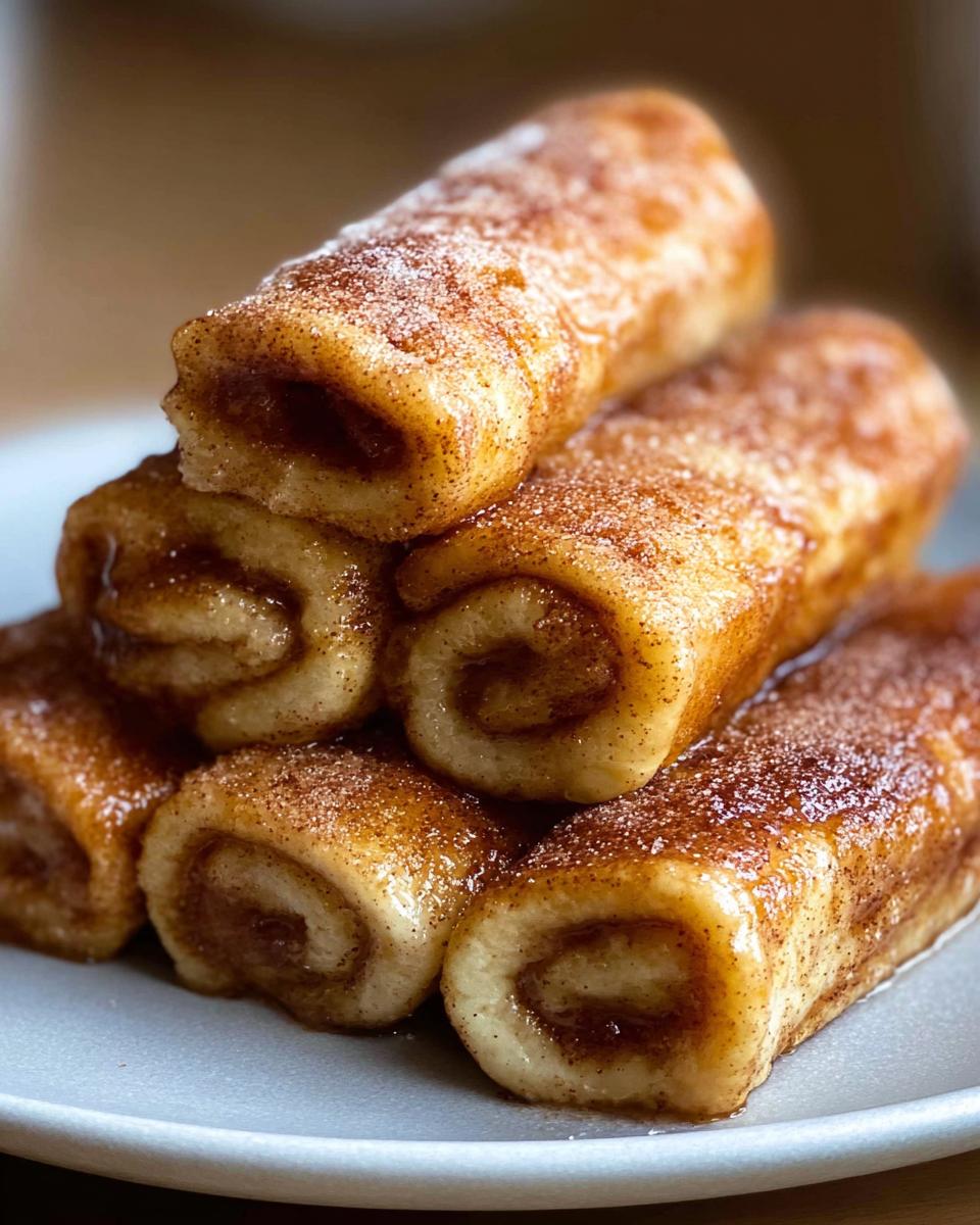 A close-up stack of delicious Cinnamon Roll French Toast Roll-Ups, dusted with powdered sugar and cinnamon.