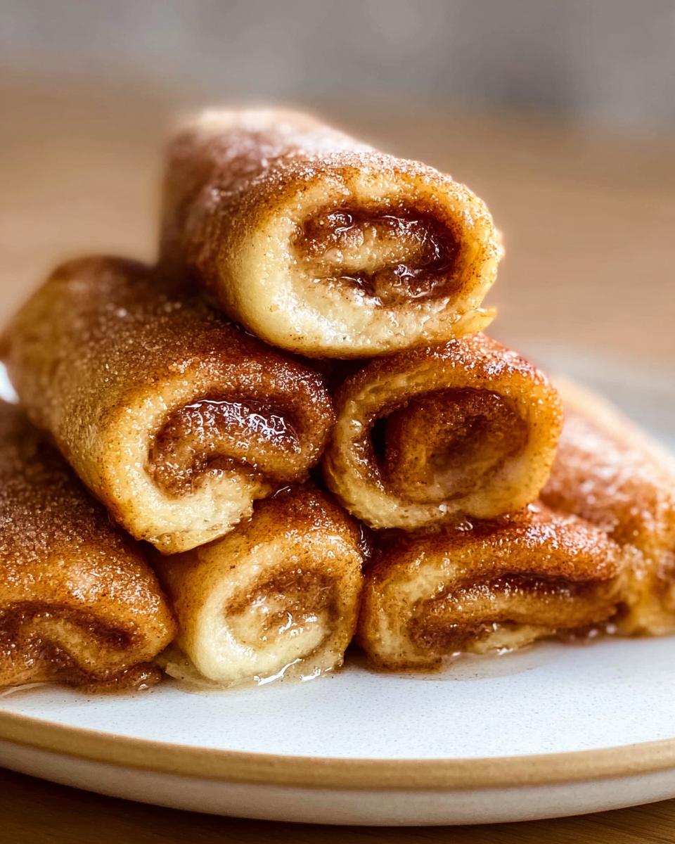 A stack of delicious Cinnamon Roll French Toast Roll-Ups, coated in cinnamon sugar and drizzled with syrup.