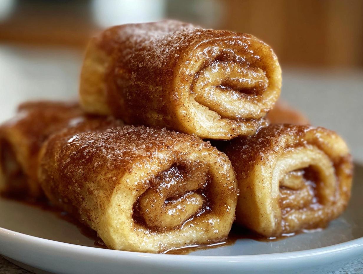 A stack of delicious Cinnamon Roll French Toast Roll-Ups, glistening with syrup and sprinkled with sugar.