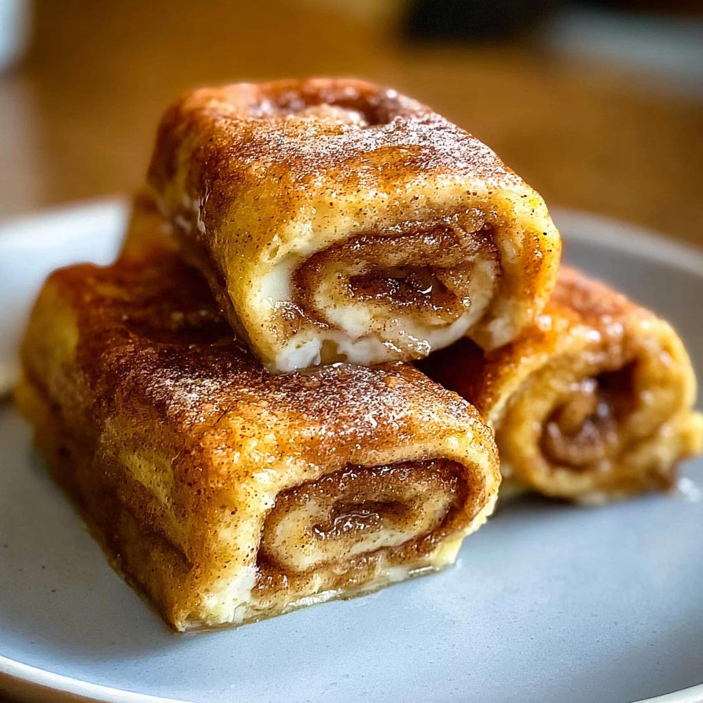 A close-up of stacked Cinnamon Roll French Toast Roll-Ups, dusted with cinnamon sugar and drizzled with syrup.