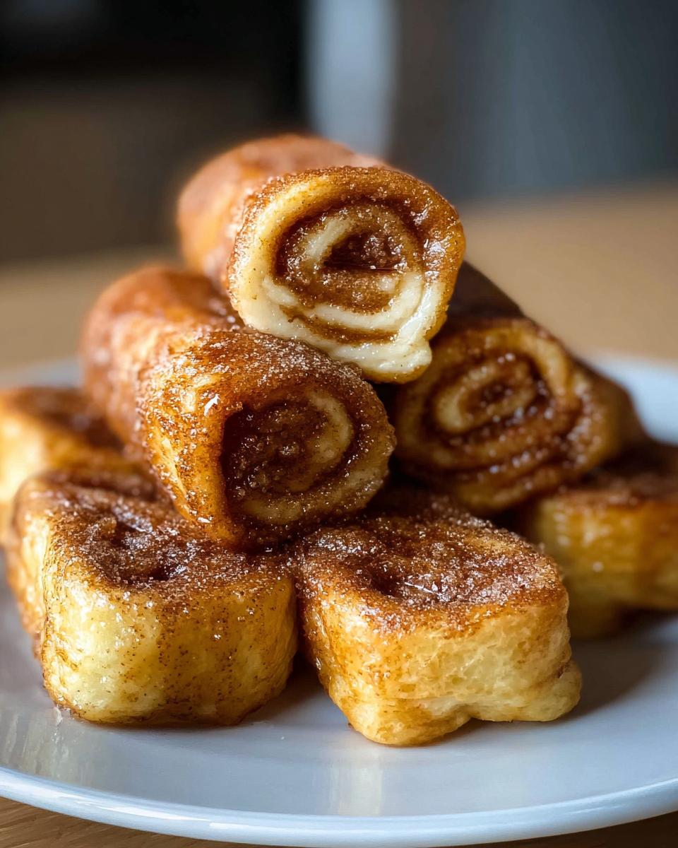 A stack of golden-brown Cinnamon Roll French Toast Roll-Ups, dusted with cinnamon sugar.