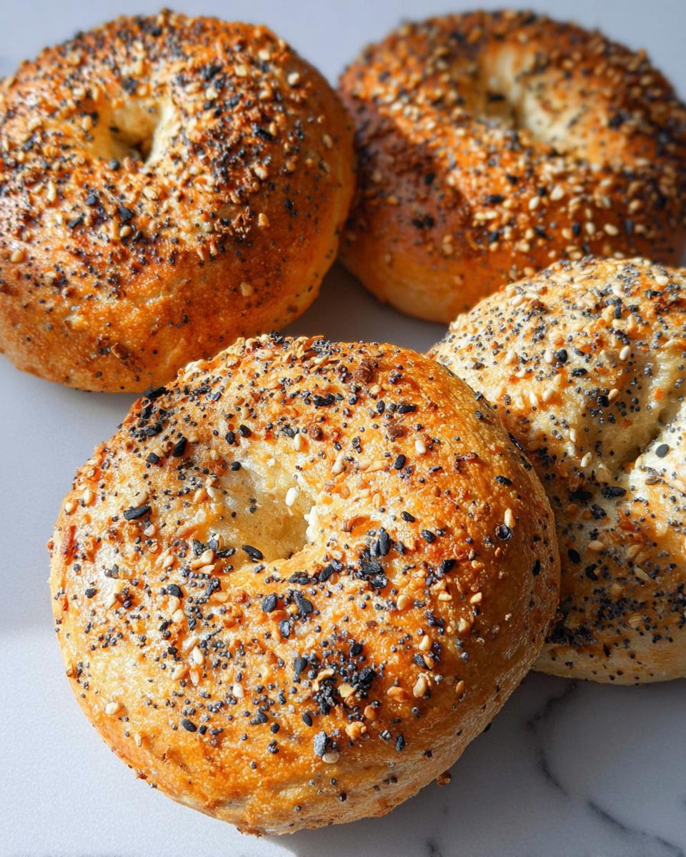A close-up of four golden-brown cottage cheese flagels topped with everything bagel seasoning.