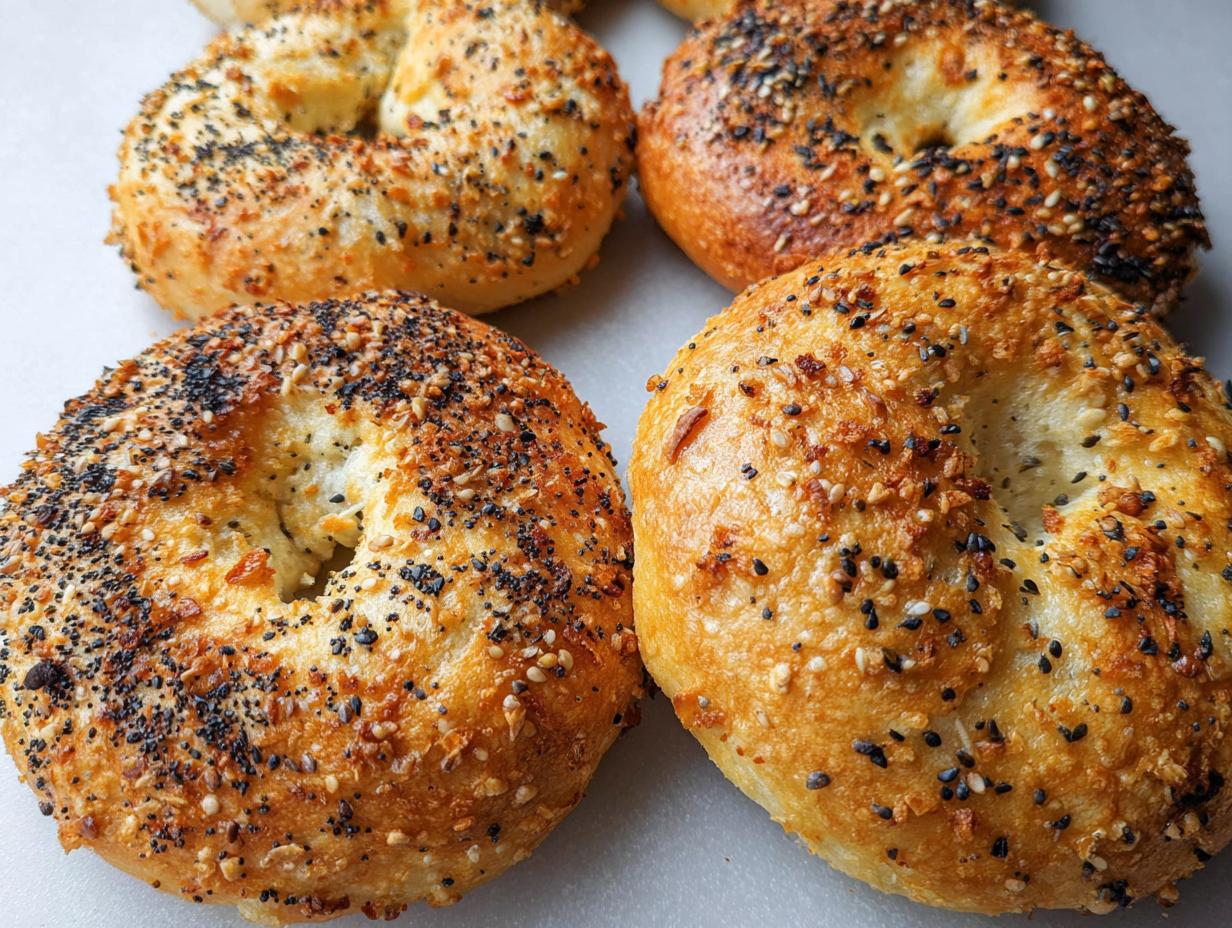 Close-up of golden-brown cottage cheese flagels topped with everything bagel seasoning.