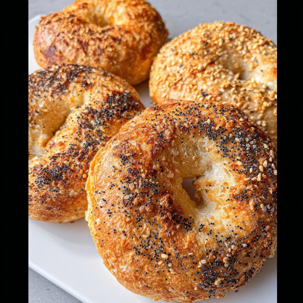A close-up of four delicious cottage cheese flagels, two topped with poppy seeds and two with sesame seeds.