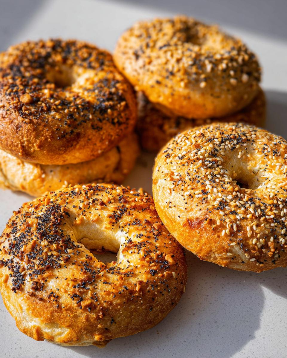 Close-up of golden-brown cottage cheese flagels topped with sesame seeds and poppy seeds.
