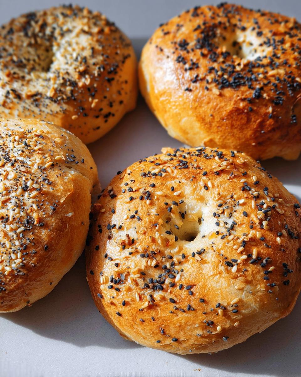 Four golden-brown cottage cheese flagels topped with sesame seeds and poppy seeds, ready to be enjoyed.