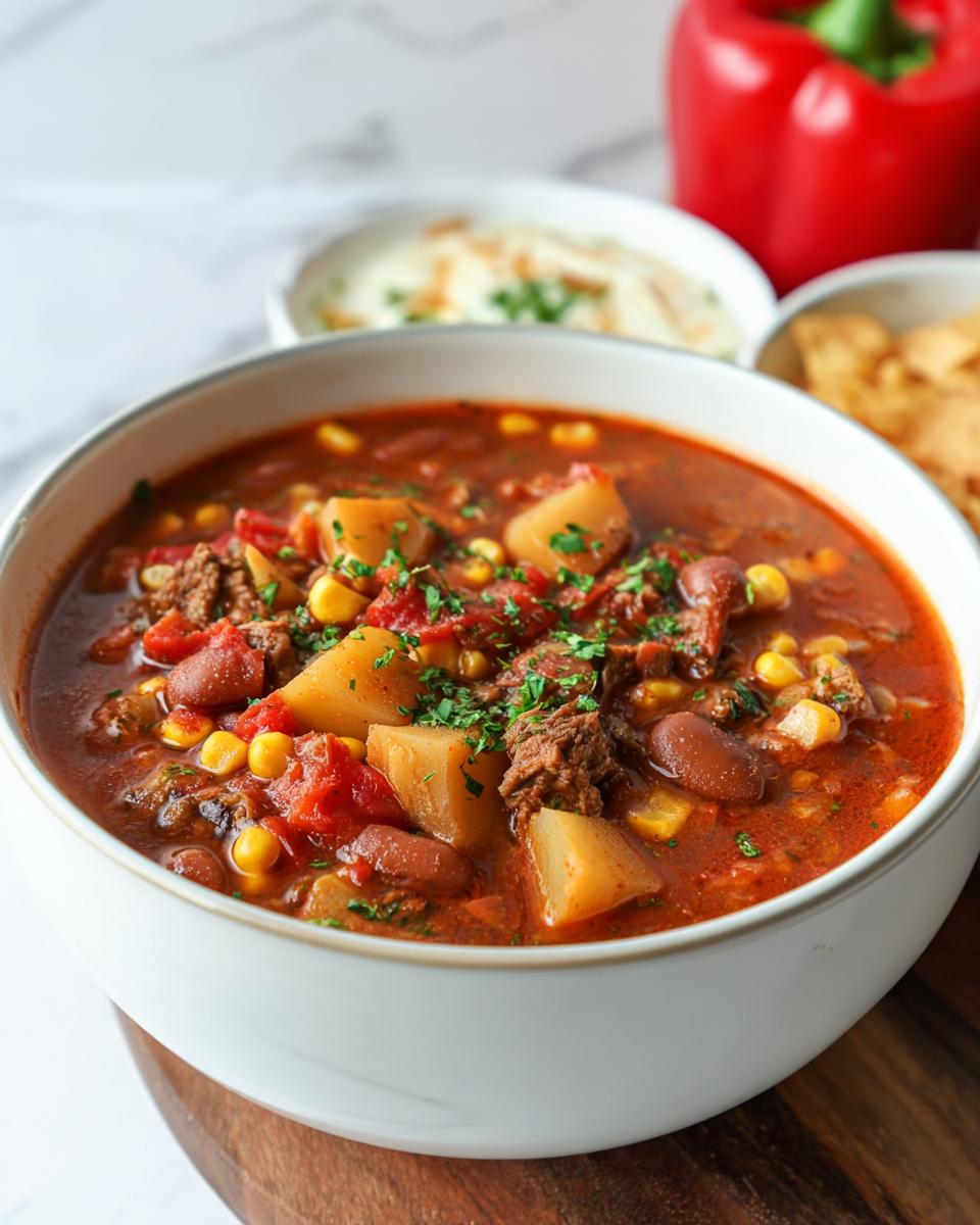 A close-up of a bowl of hearty Cowboy Soup, filled with beef, potatoes, corn, and beans, garnished with parsley.