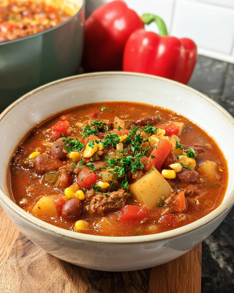 A close-up of a bowl of hearty Cowboy Soup, filled with beef, beans, corn, potatoes, and tomatoes, garnished with parsley.