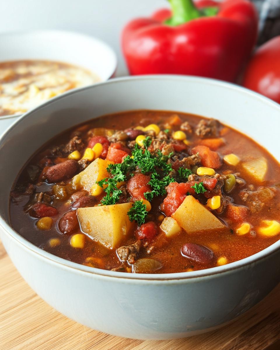 A close-up of a bowl of hearty Cowboy Soup, filled with ground beef, potatoes, corn, beans, and tomatoes, garnished with parsley.
