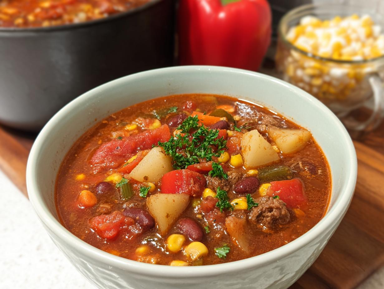 A close-up of a bowl of hearty Cowboy Soup filled with beef, beans, corn, potatoes, and tomatoes, garnished with parsley.