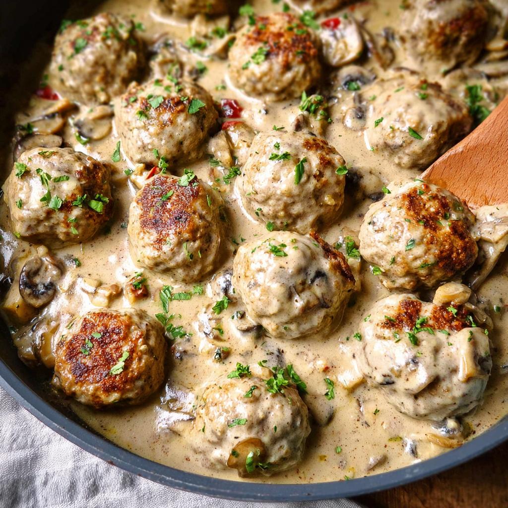 Close-up of Creamy Mushroom Chicken Meatballs simmering in a rich, creamy mushroom sauce, garnished with parsley.