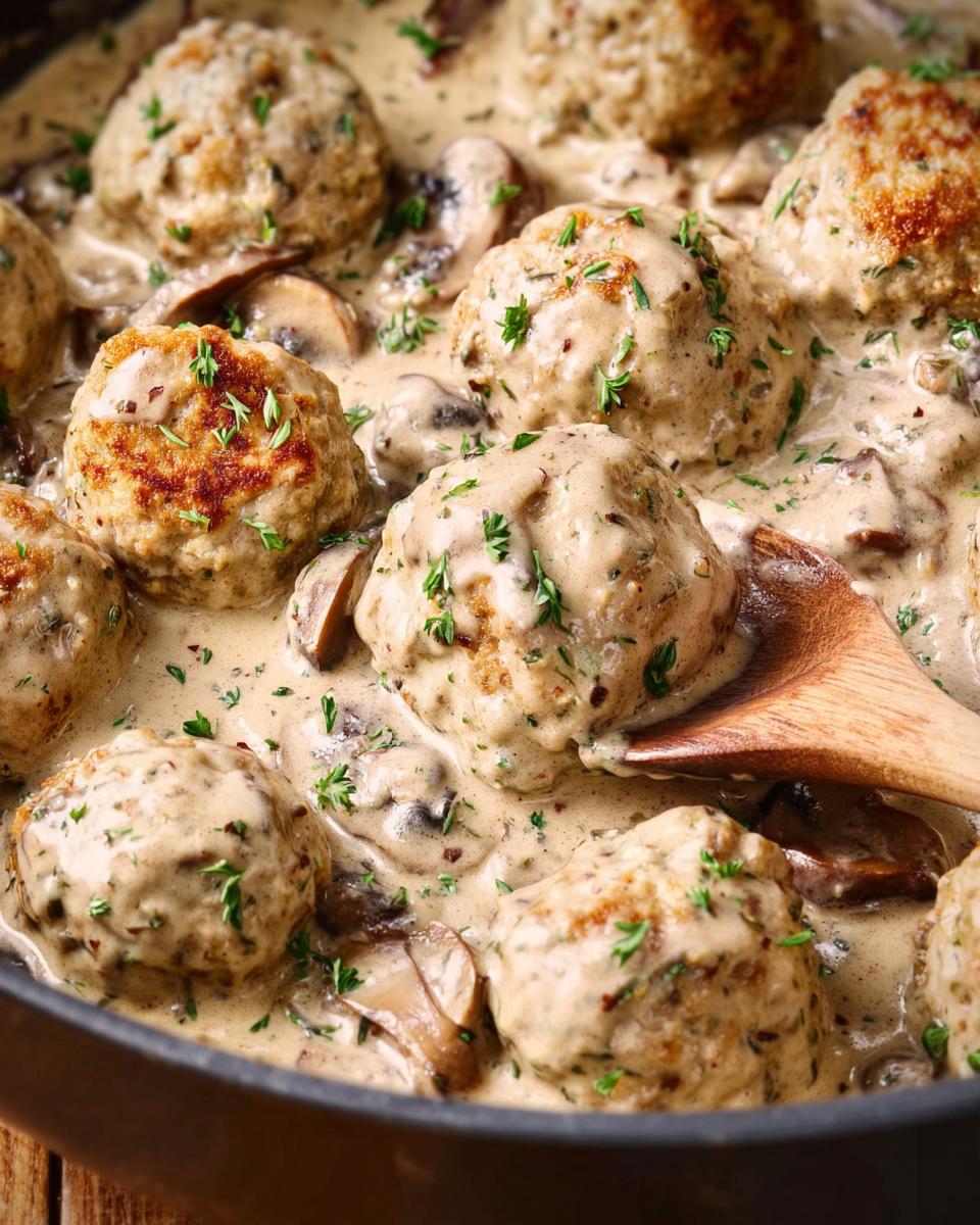 Close-up of Creamy Mushroom Chicken Meatballs simmering in a rich, creamy sauce with sliced mushrooms and garnished with parsley.