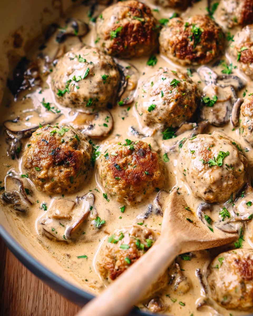 Close-up of Creamy Mushroom Chicken Meatballs simmering in a rich, creamy sauce with sliced mushrooms and parsley.