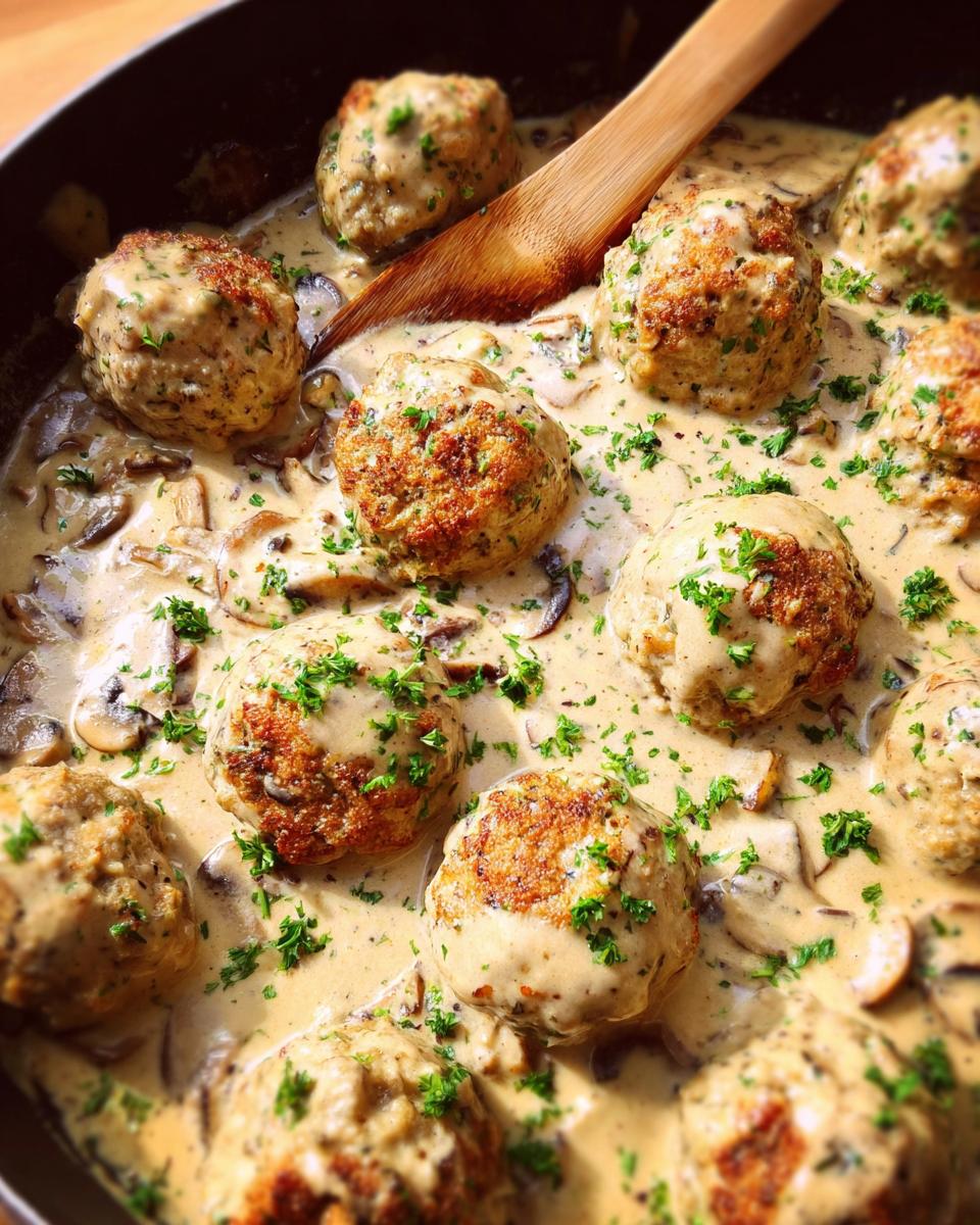 Close-up of delicious Creamy Mushroom Chicken Meatballs simmering in a rich sauce with sliced mushrooms and parsley.