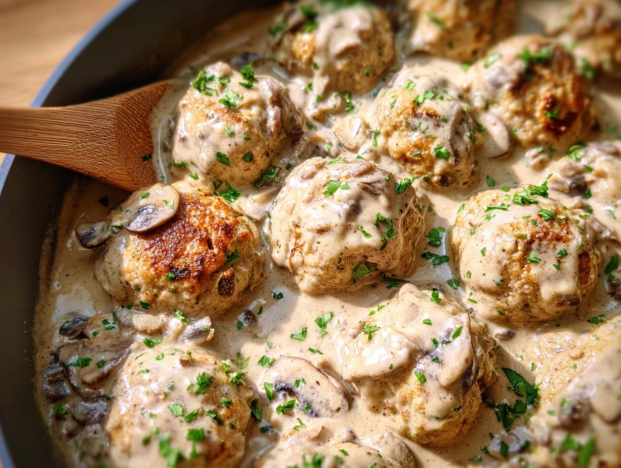 Close-up of delicious Creamy Mushroom Chicken Meatballs simmering in a rich mushroom sauce, garnished with parsley.