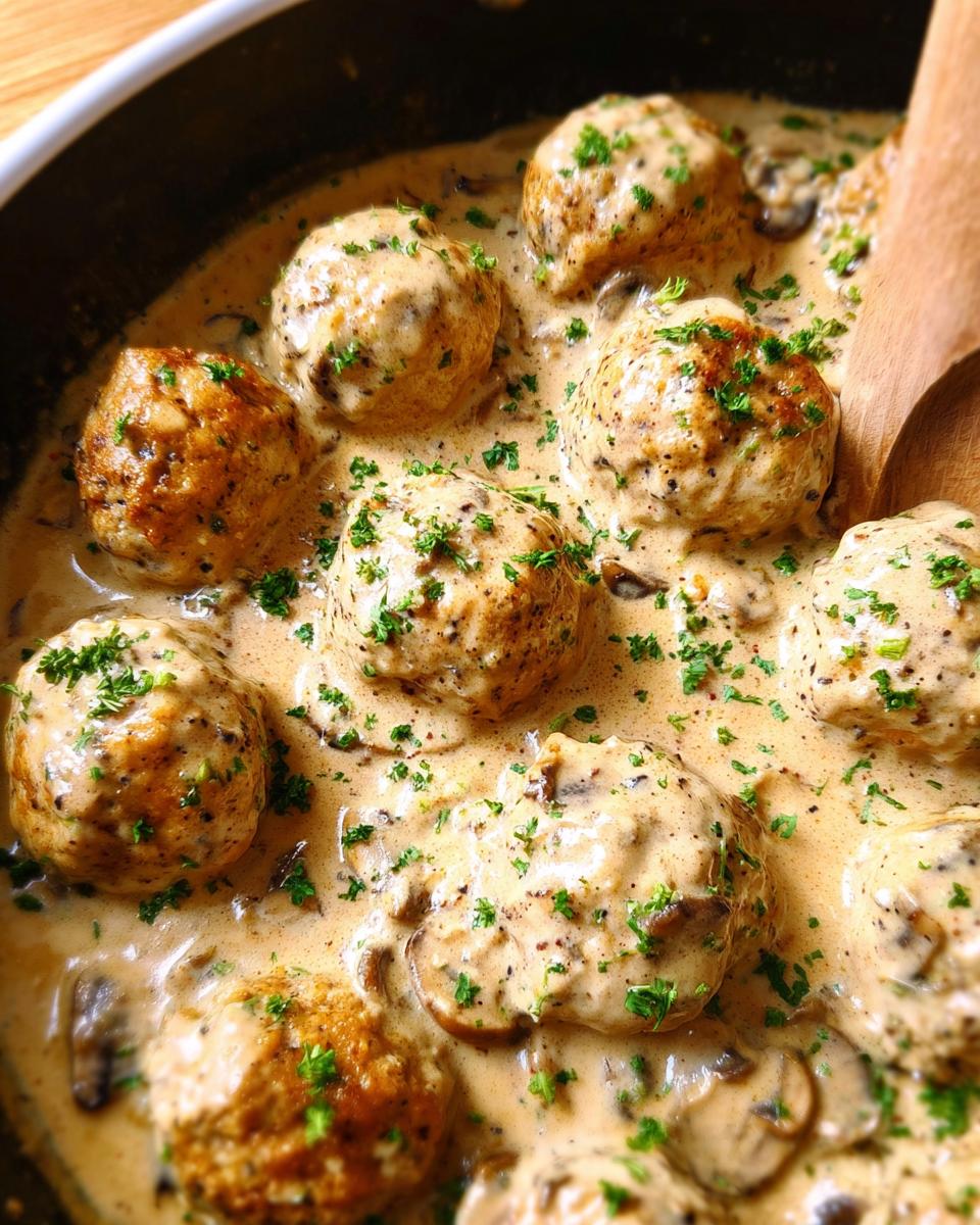 Close-up of delicious Creamy Mushroom Chicken Meatballs simmering in a rich, creamy sauce with mushrooms and parsley.
