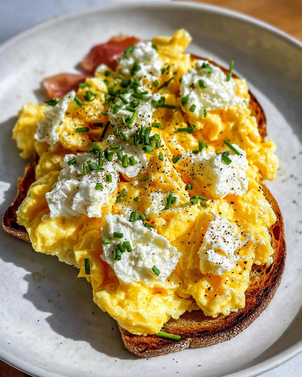 A slice of toast topped with fluffy scrambled eggs, dollops of creamy ricotta, and fresh chives. This is a Creamy Ricotta Egg Toast.