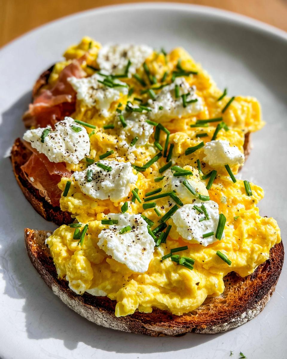 Close-up of Creamy Ricotta Egg Toast topped with scrambled eggs, dollops of ricotta, chives, and cracked black pepper.