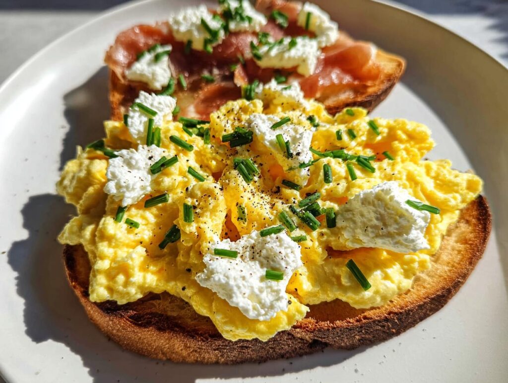 Close-up of Creamy Ricotta Egg Toast topped with fluffy scrambled eggs and fresh chives.
