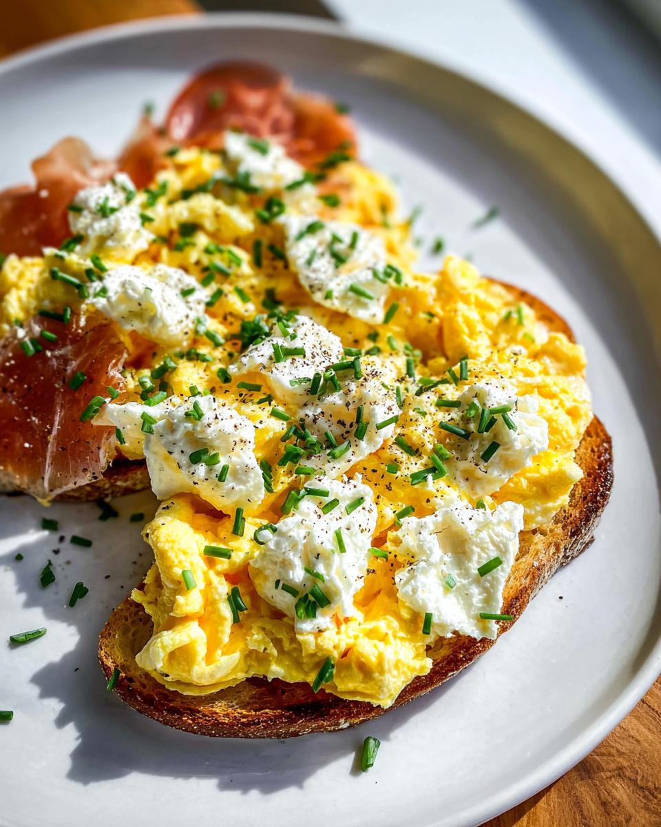 A slice of toast topped with creamy scrambled eggs, dollops of ricotta cheese, and fresh chives, with prosciutto in the background.