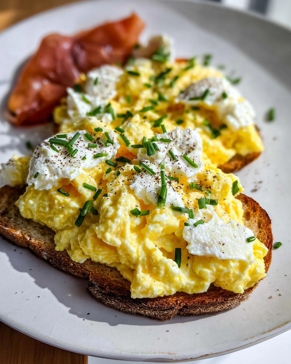 Close-up of creamy ricotta egg toast topped with scrambled eggs, dollops of ricotta, chives, and black pepper, with smoked salmon on the side.