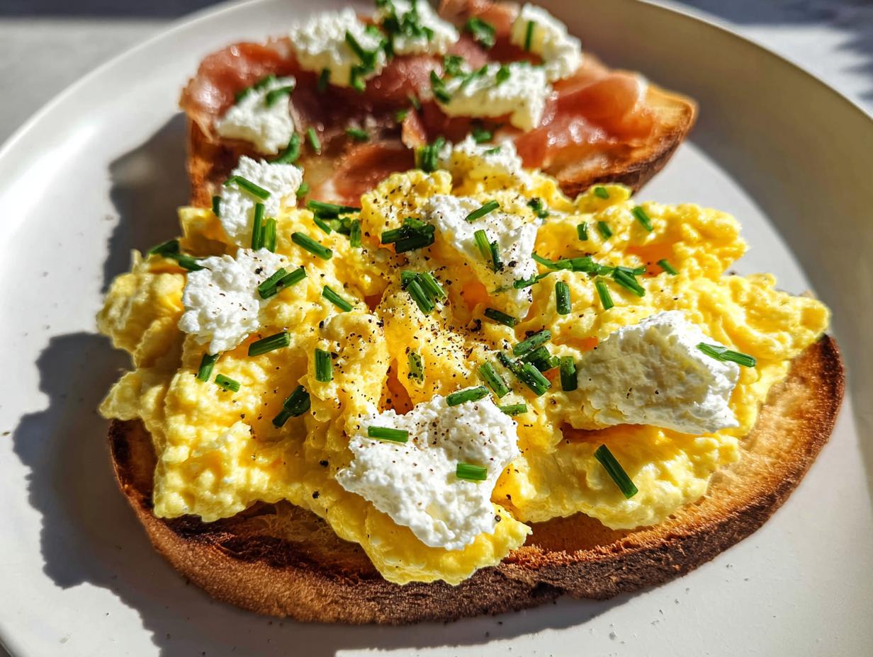 Close-up of Creamy Ricotta Egg Toast topped with fluffy scrambled eggs and fresh chives.