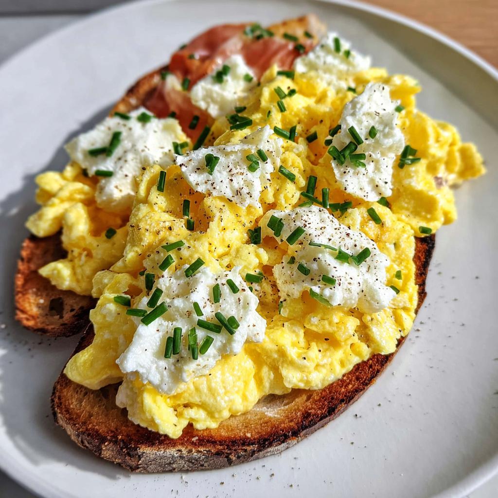 A delicious Creamy Ricotta Egg Toast topped with fluffy scrambled eggs, dollops of ricotta cheese, and fresh chives.
