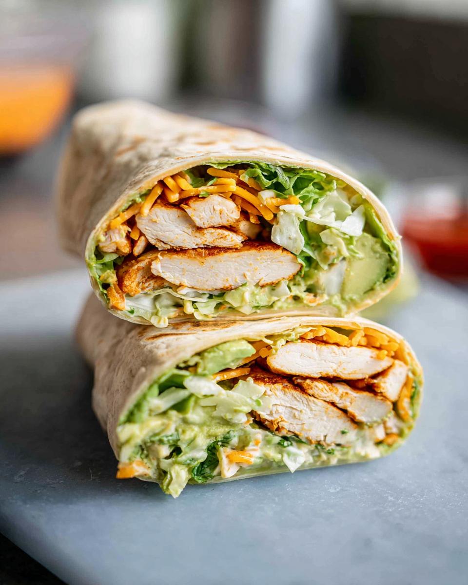 A delicious chicken wrap cut in half, revealing creamy spinach and eggs filling, chicken slices, avocado, and shredded cheese.