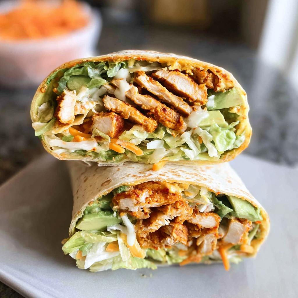 A cross-section of a wrap filled with creamy spinach and eggs, chicken, avocado, and shredded vegetables.