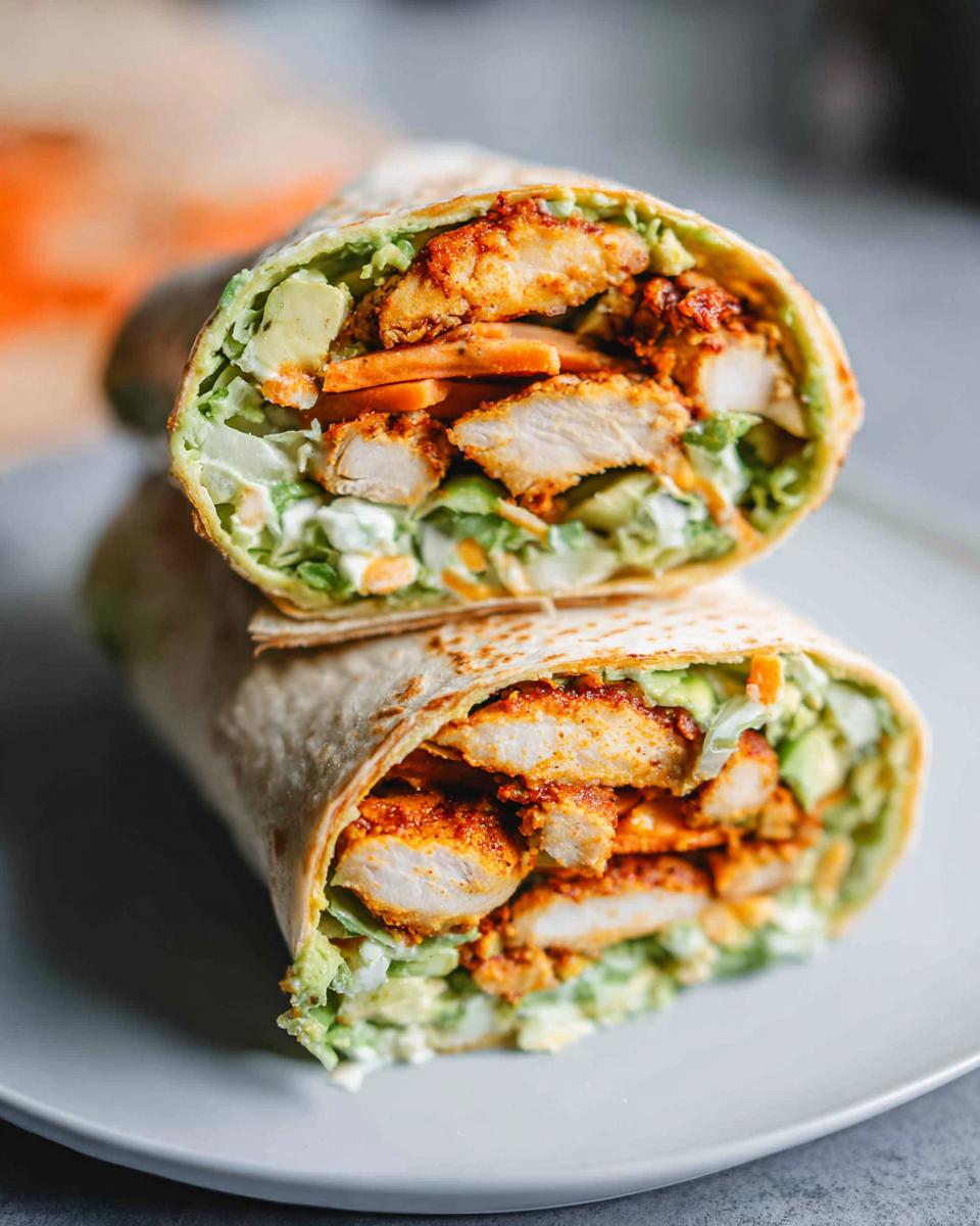 A delicious wrap filled with creamy spinach and eggs, chicken, avocado, and shredded carrots.