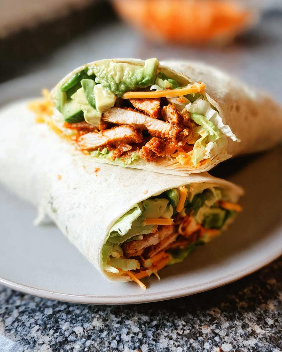 A delicious wrap filled with creamy spinach, eggs, chicken, avocado, and cheese.