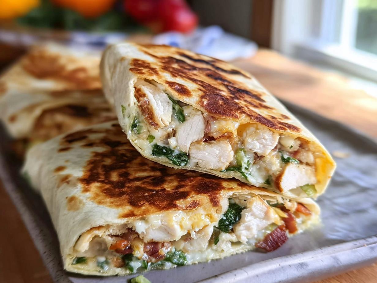 Close-up of a crispy chicken bacon wrap cut in half, revealing chicken, bacon, cheese, and greens.