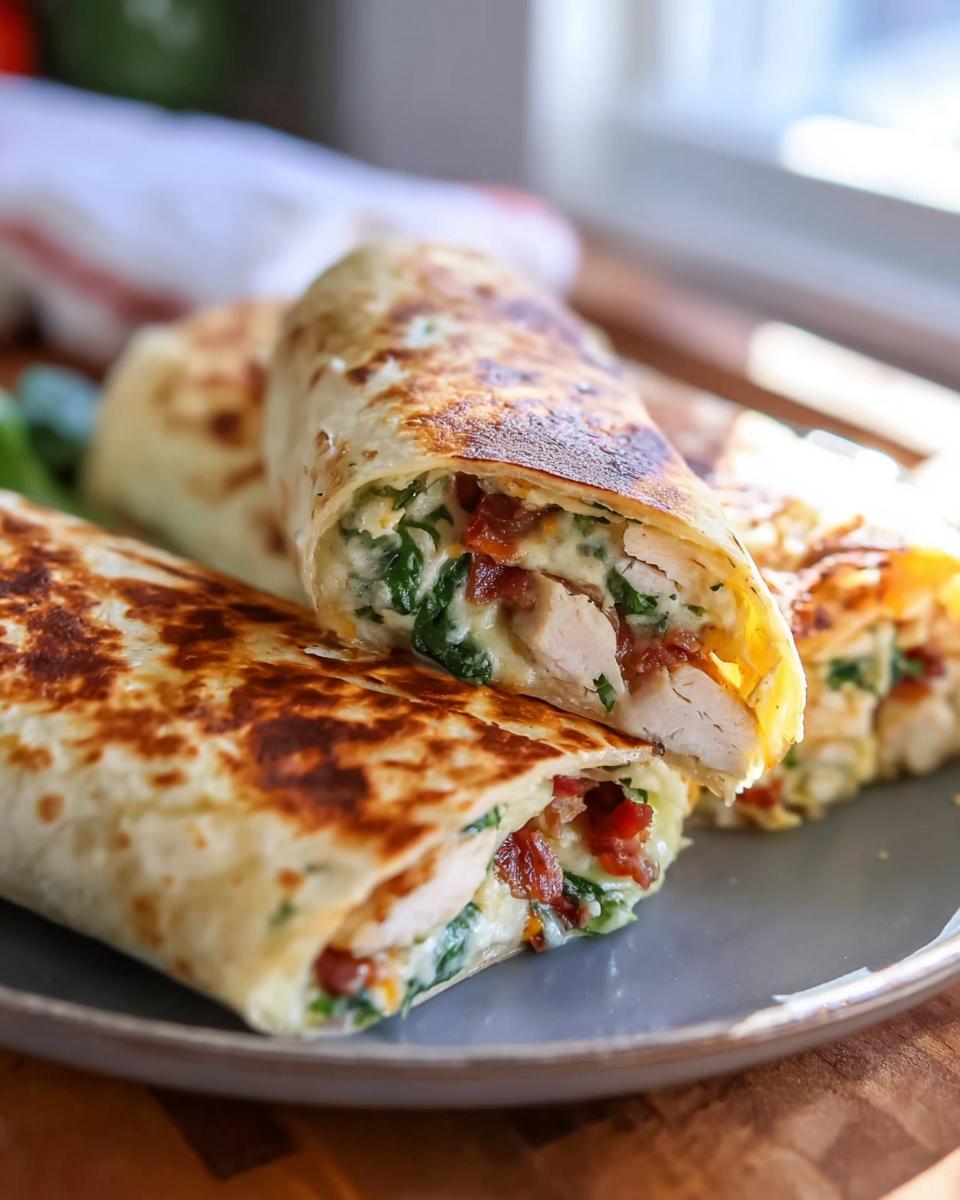 Close-up of a crispy chicken bacon wrap cut in half, revealing chicken, bacon, spinach, and cheese filling.