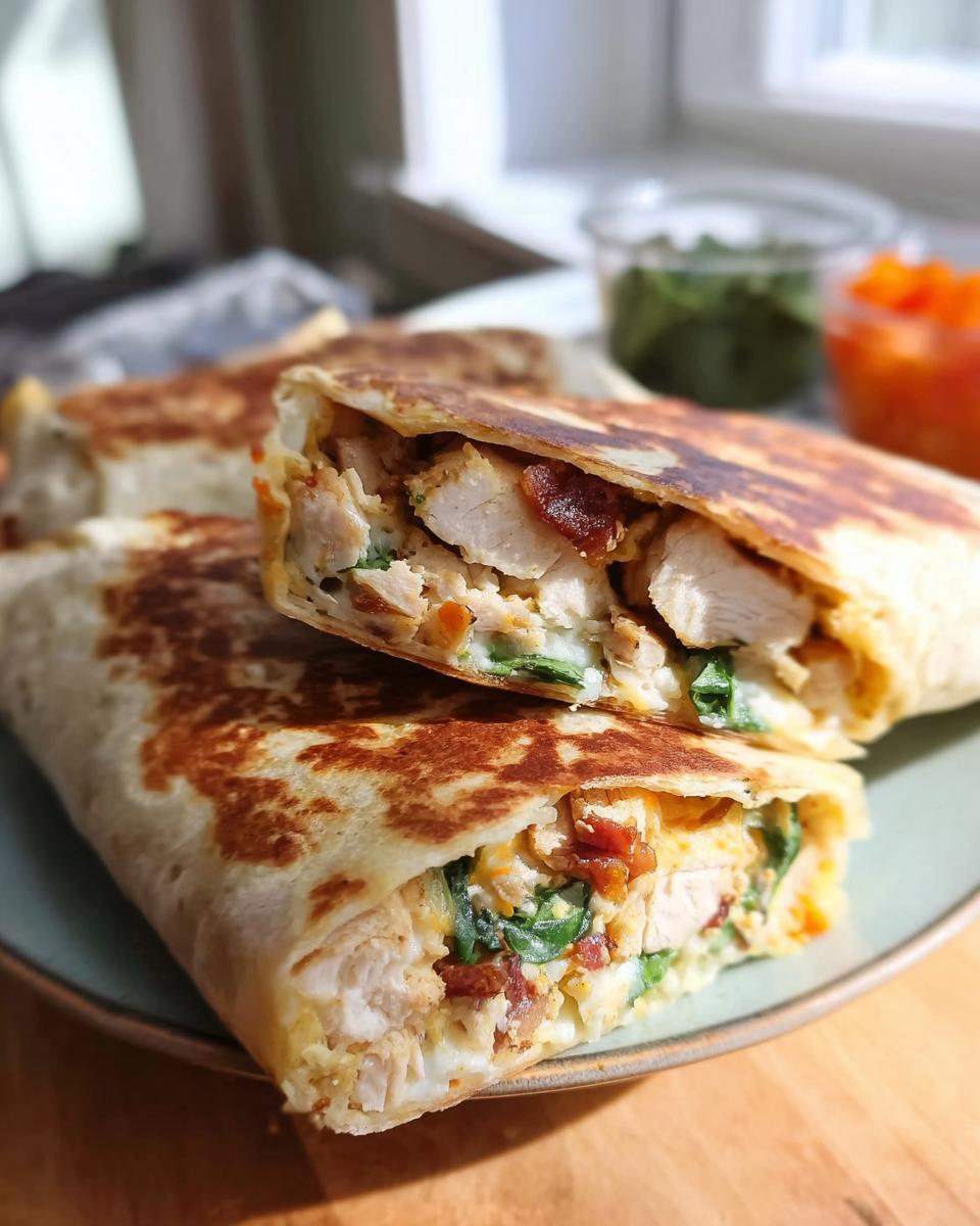 Close-up of a Crispy Chicken Bacon Wrap cut in half, showing tender chicken, crispy bacon, and fresh spinach.