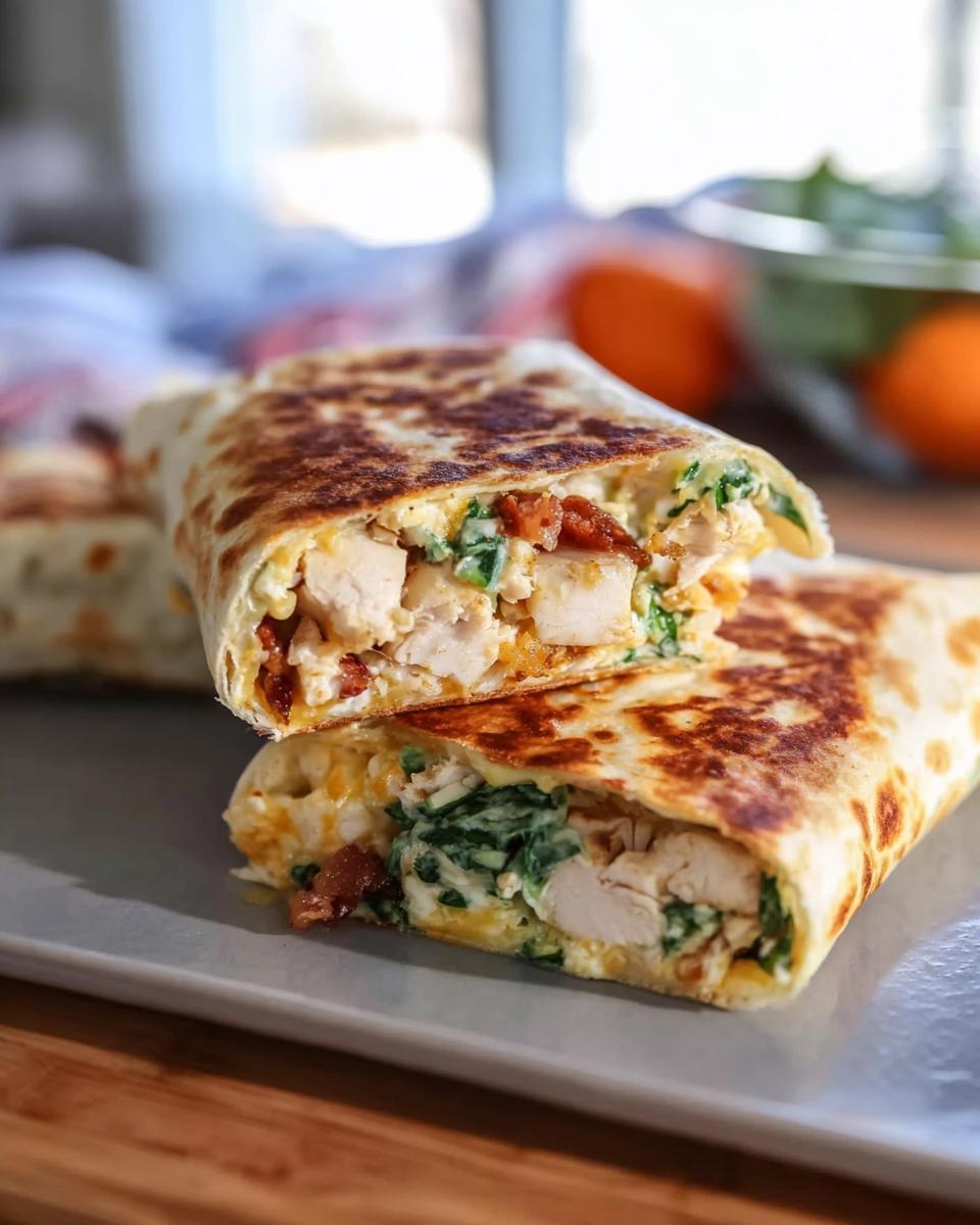 A close-up of a Crispy Chicken Bacon Wrap cut in half, revealing tender chicken, crispy bacon, and spinach inside.