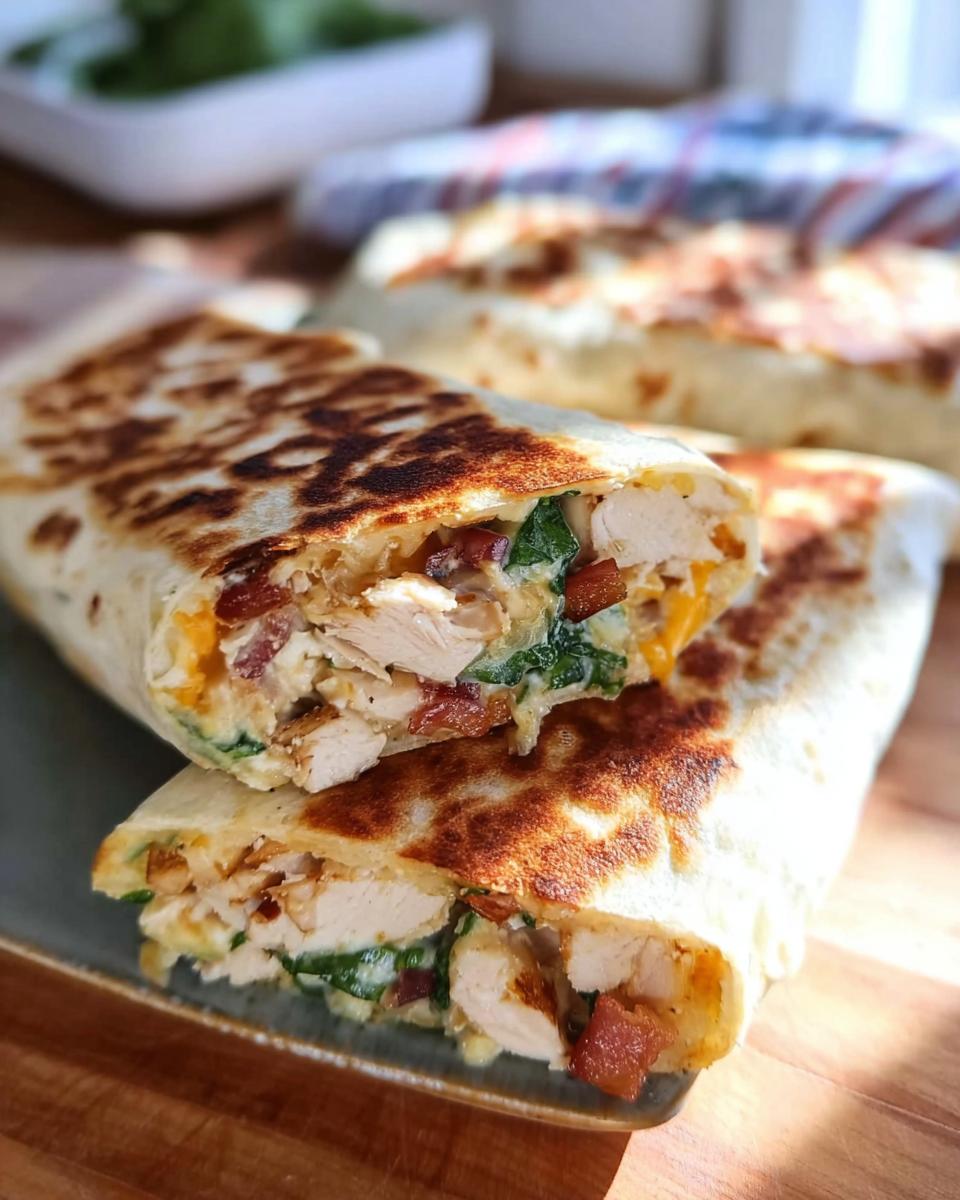 Close-up of a sliced Crispy Chicken Bacon Wrap filled with chicken, bacon, spinach, and cheese.