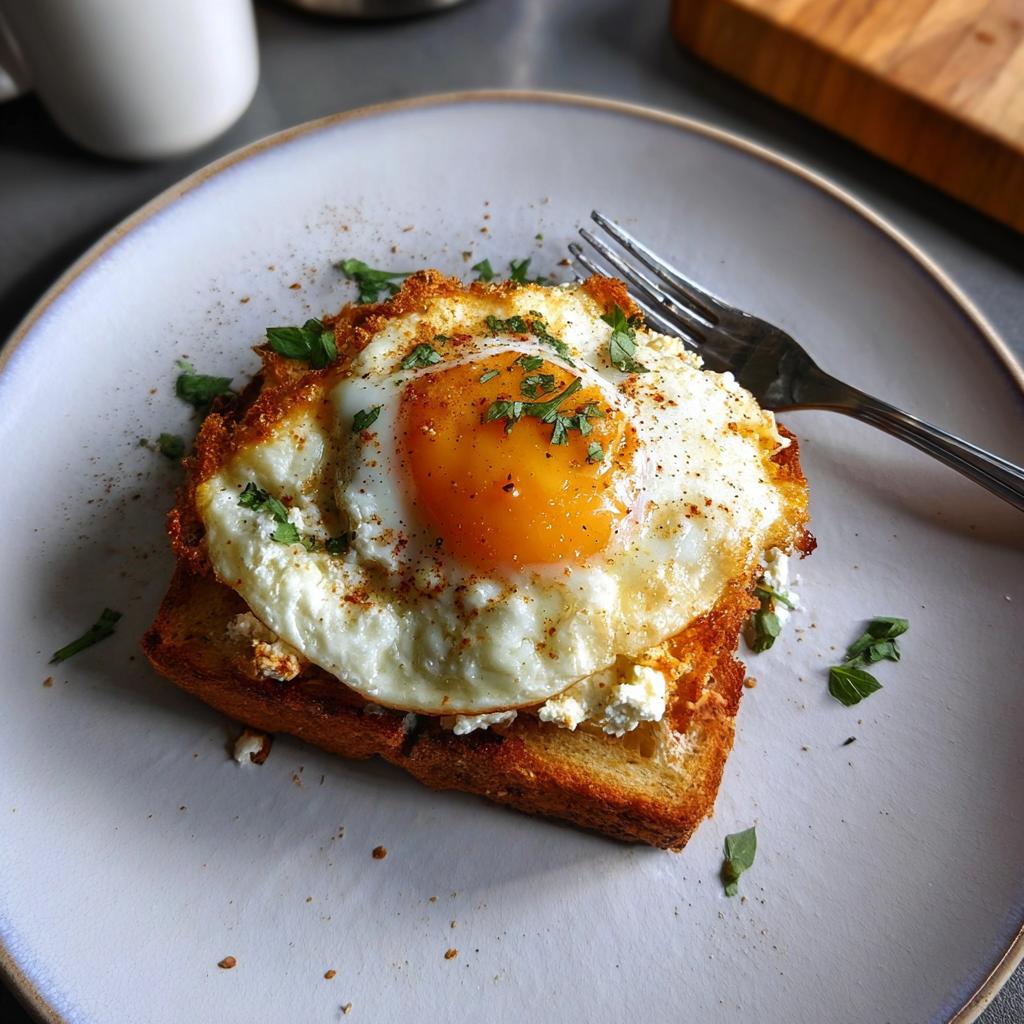 A perfectly fried egg with a runny yolk sits atop crumbled feta cheese and toasted bread, sprinkled with herbs.