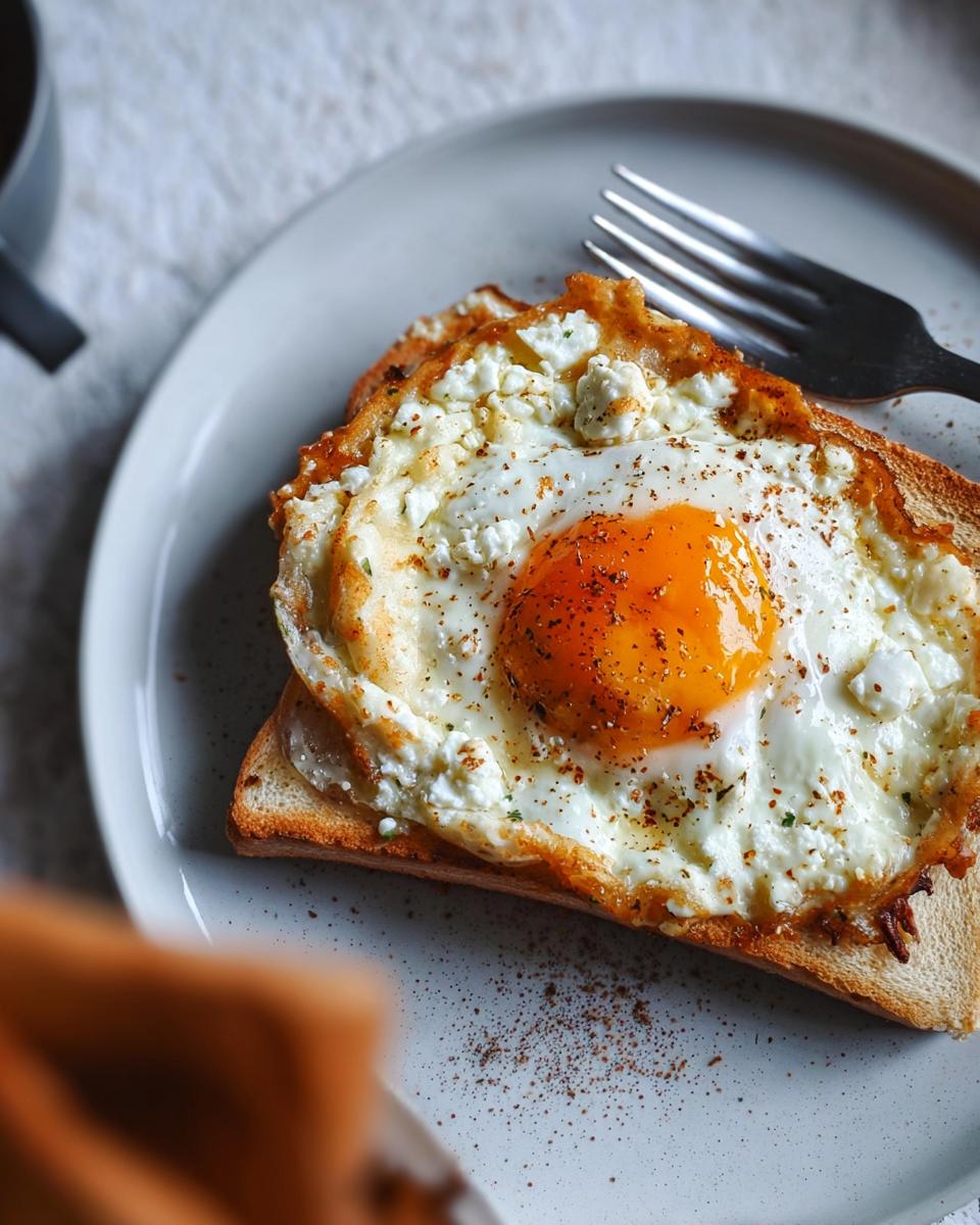 A close-up of crispy feta fried eggs served on a slice of toasted bread, seasoned with pepper.
