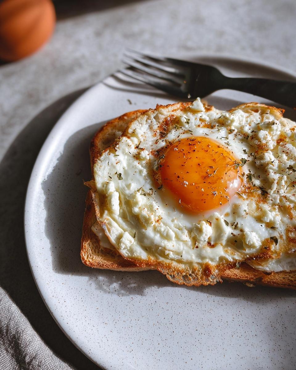 A close-up of crispy feta fried eggs served on toasted bread, sprinkled with herbs.